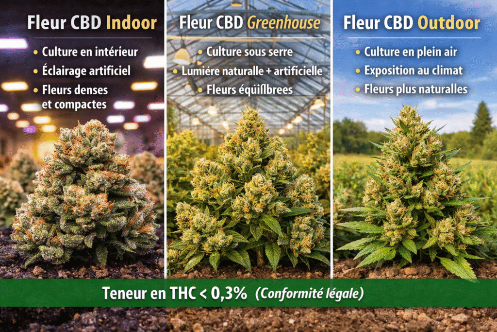 Fleur CBD indoor, greenhouse ou outdoor