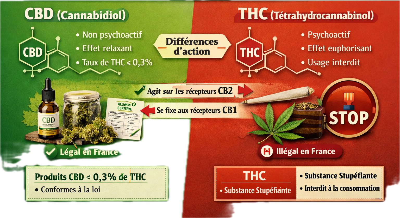 CBD vs THC : différences, effets et légalité
