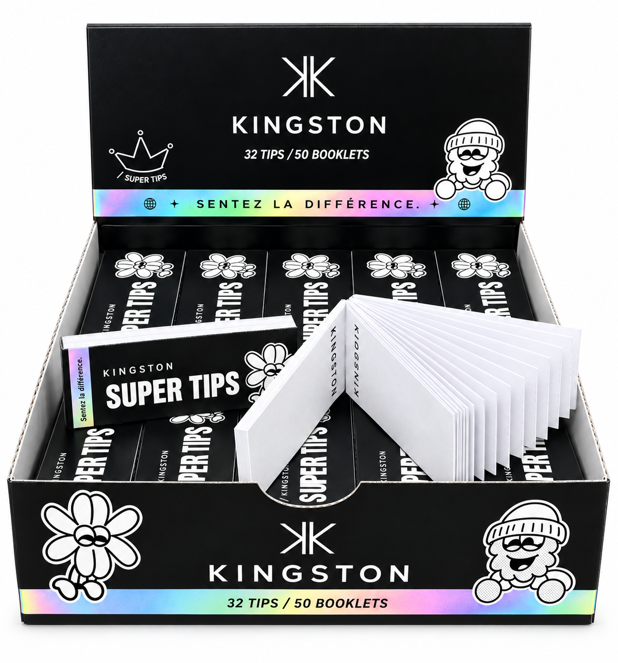 Présentoir Kingston Super Tips avec carnet ouvert de 32 cartons